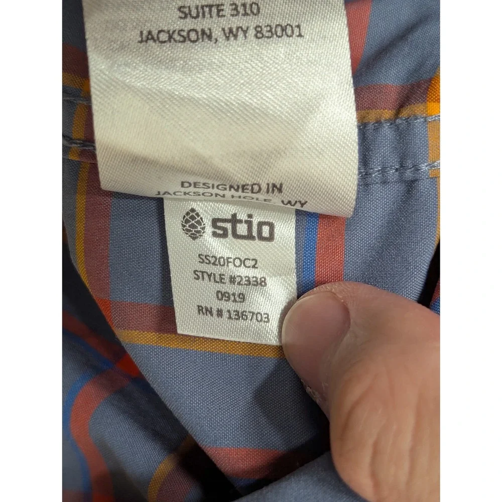 Stio Pearl Snap Shirt Mens Large Blue Orange Plaid Short Sleeve Hiking #2338